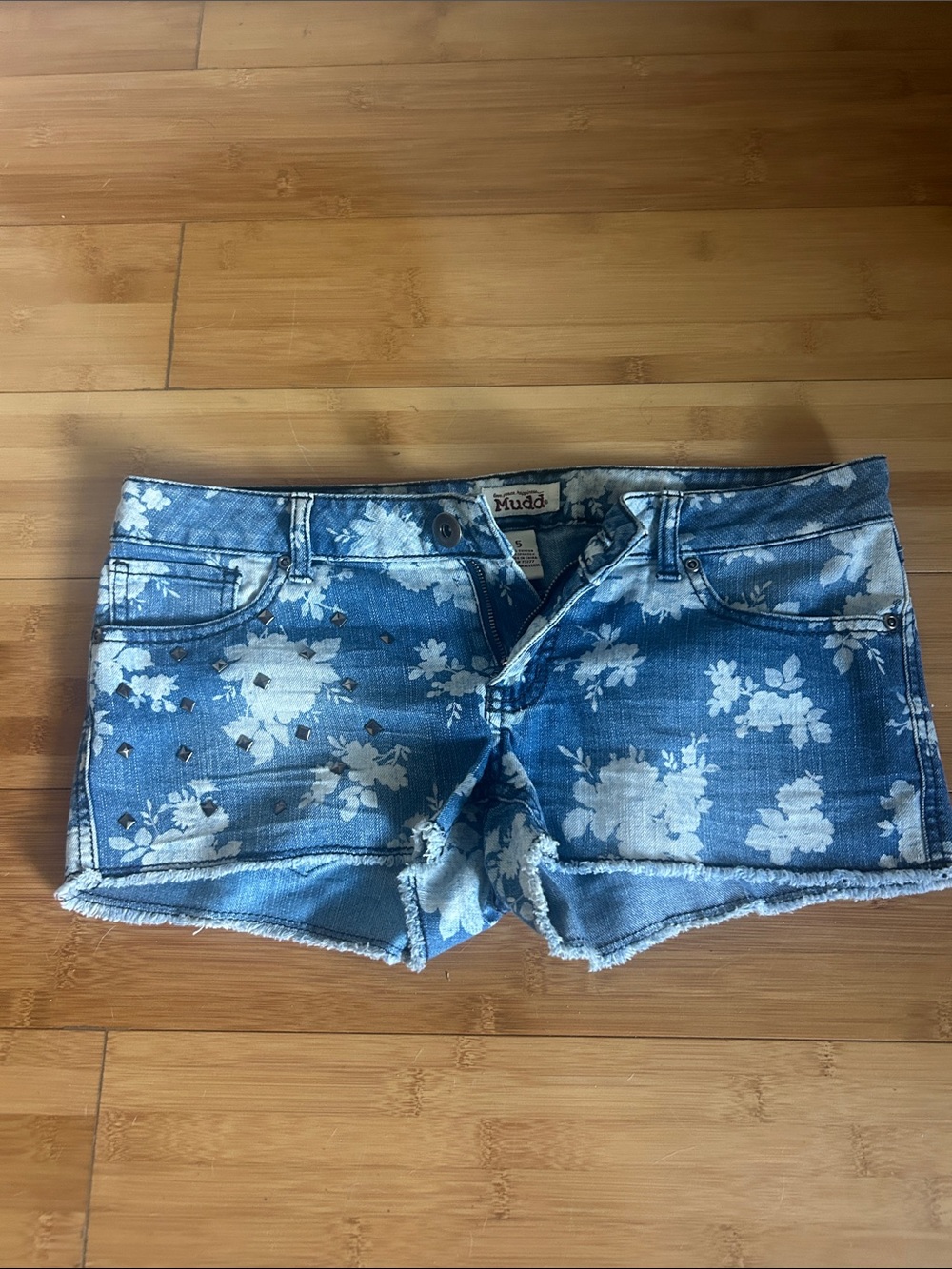 Mudd Blue Floral Denim Cutoff Shorts with Stud Accents